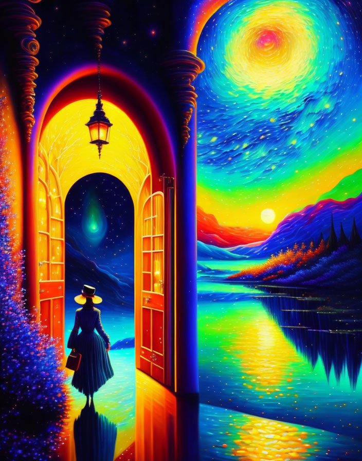 Person at Open Doorway in Vibrant Starry Night Sky Painting