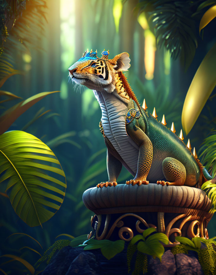 Regal iguana with tiny crown in lush jungle with smaller companion