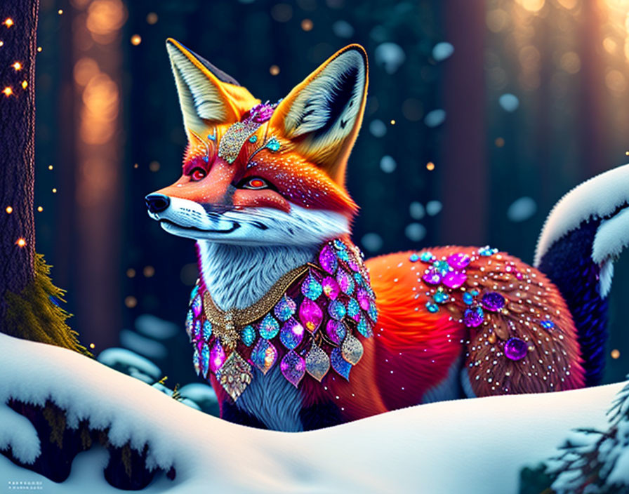 Adorned fox in snowy forest with sparkling lights