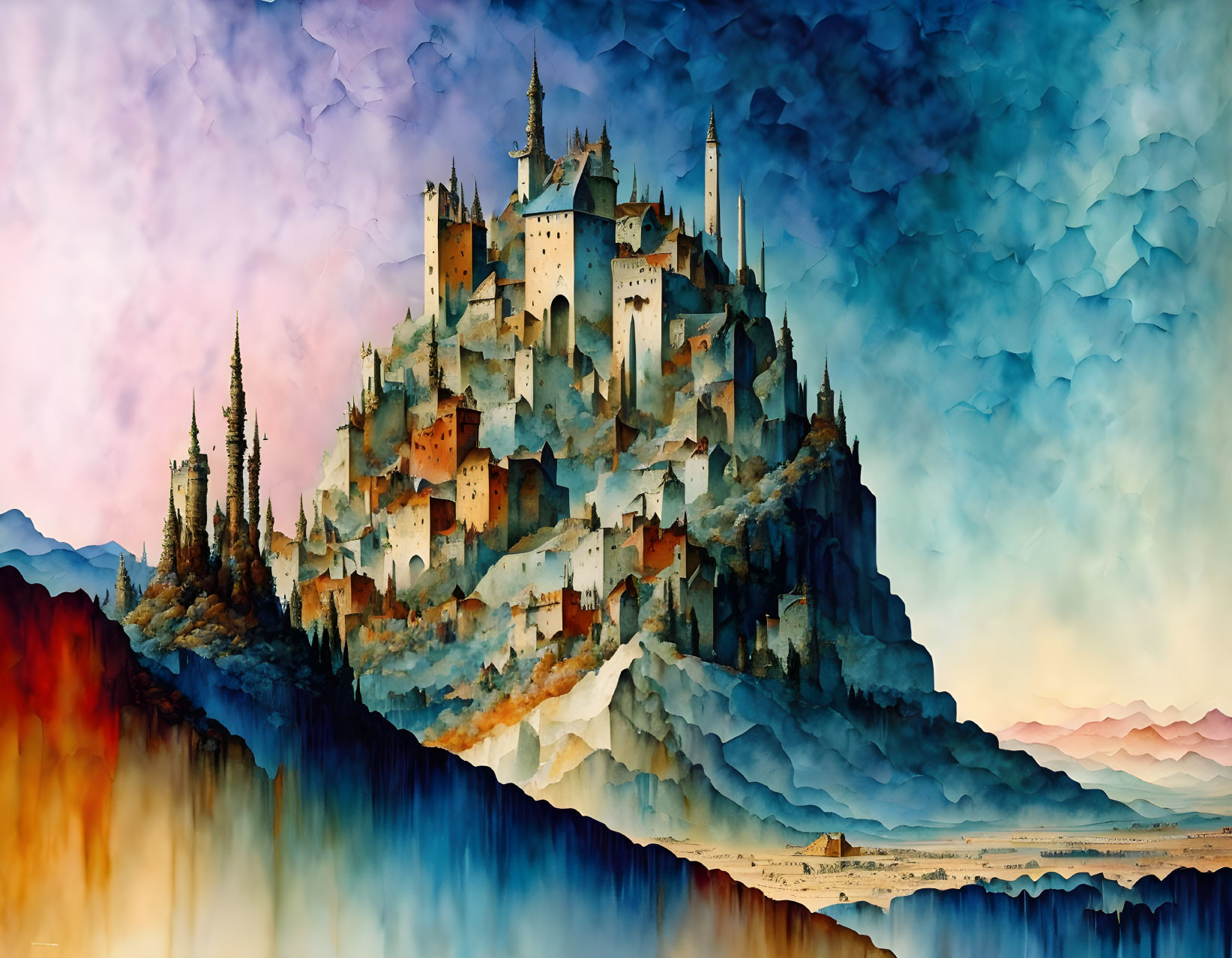 Vibrant Watercolor Painting of Fantastical Castle on Hill