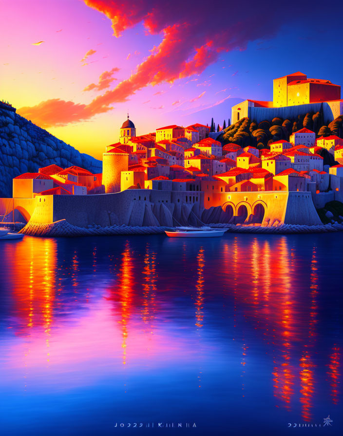 Twilight coastal town scene with historic architecture and pink-hued sky