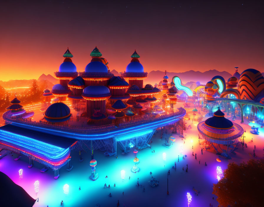 Futuristic theme park at dusk with colorful lights