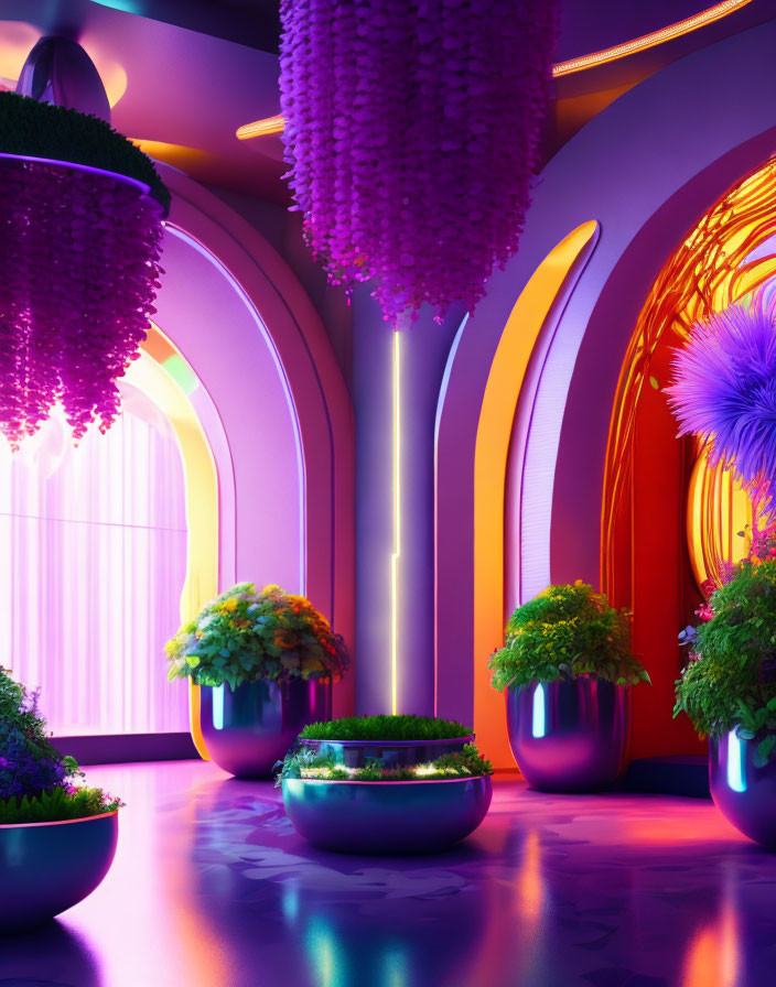 Futuristic interior with neon lights, archways, and lush plants