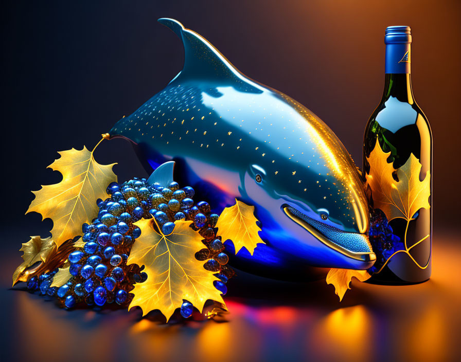 Stylized dolphin with stars, grapes, autumn leaves, and wine bottle on two-tone background