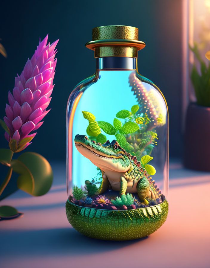 Anthropomorphic Alligator in Glass Jar Among Plants and Pink Flower