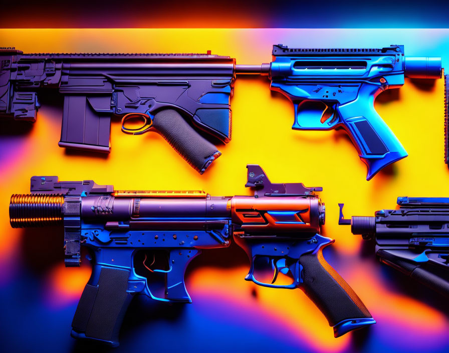 Colorful Assault Rifles and Pistol with Red Dot Sight on Orange and Blue Background