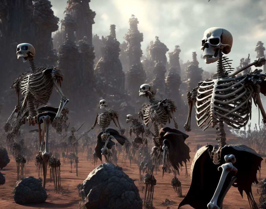 Spooky skeleton figures in eerie, desolate landscape with tall structures.