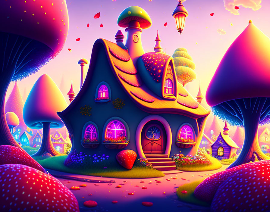 Fantasy landscape at dusk: mushroom houses, colorful flora & floating lanterns