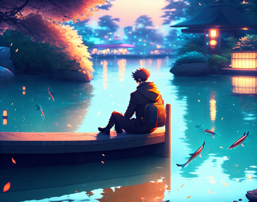 Twilight scene with person on dock, tranquil pond, koi fish, illuminated trees, and traditional