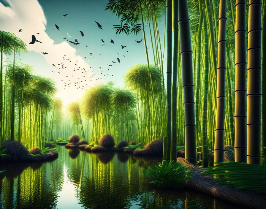 Tranquil bamboo forest by calm lake with flying birds and lush greenery reflected in water