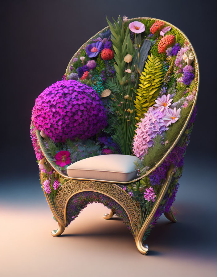 Colorful Floral Armchair with Round Cushion & Intricate Base