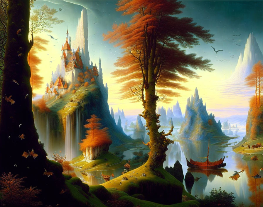 Fantastical landscape with castle, waterfalls, autumn trees, boat, misty mountains under golden