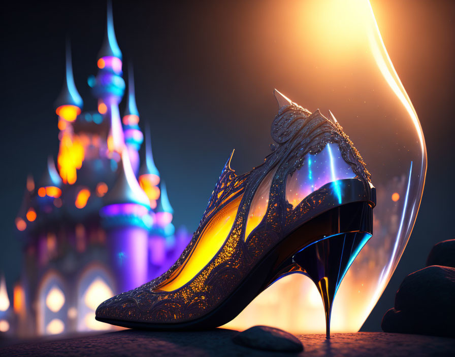 Glowing high-heeled shoe in front of illuminated castle at night