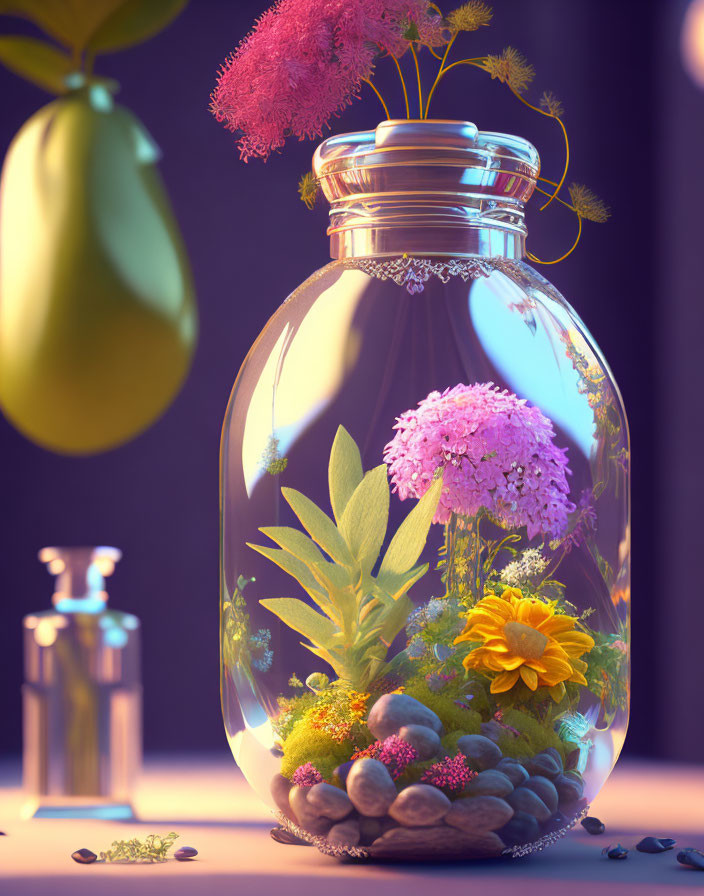 Vibrant flower and plant terrarium with pebbles and hanging pear on purple background