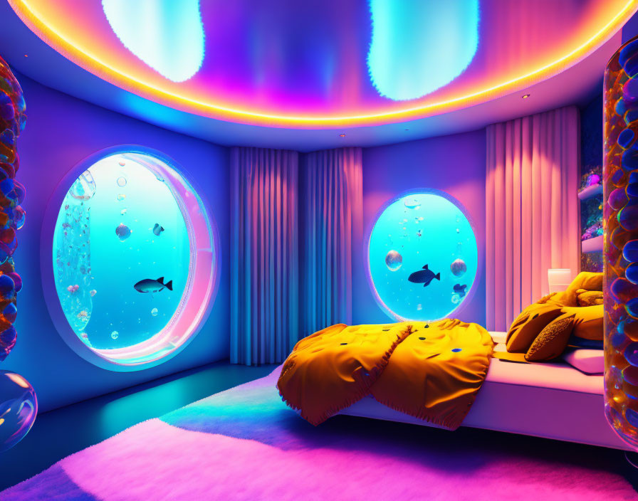 Vibrant Underwater Themed Bedroom with Round Porthole Windows