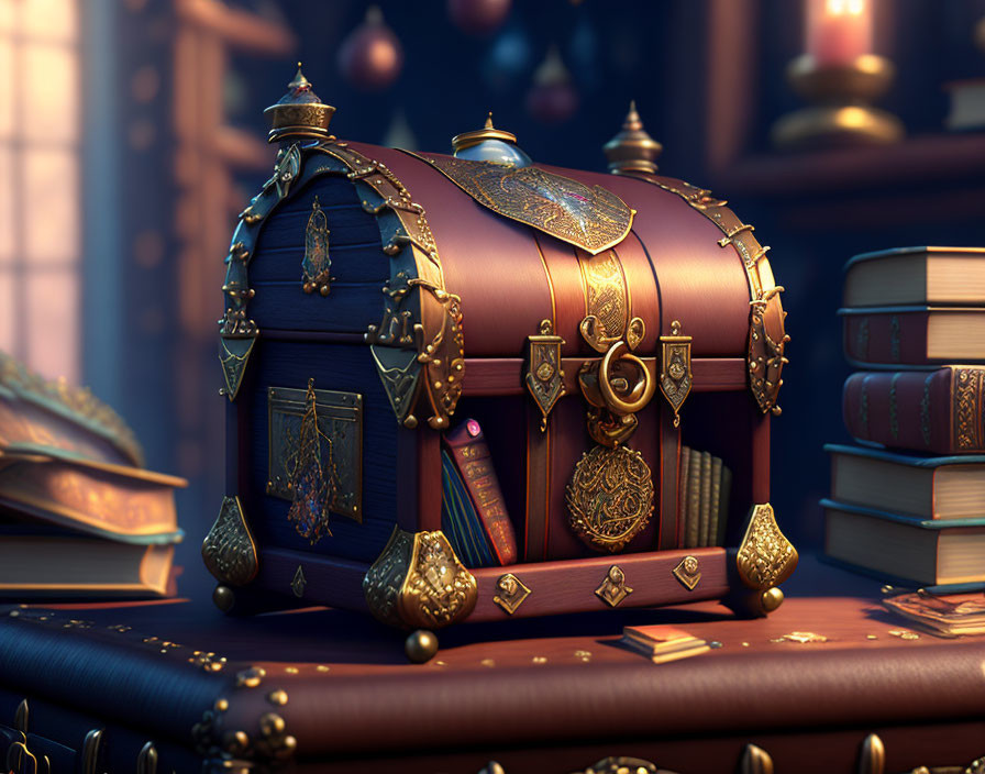 Ornate treasure chest with gold details among ancient books in dimly lit room