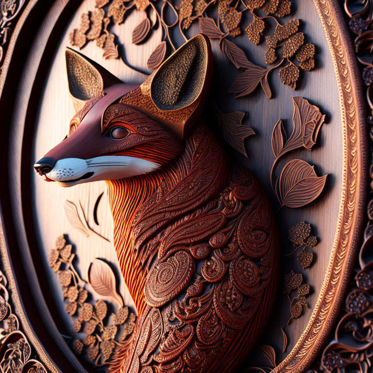 Intricately Carved Wooden Fox with Detailed Patterns and Ornate Leaves