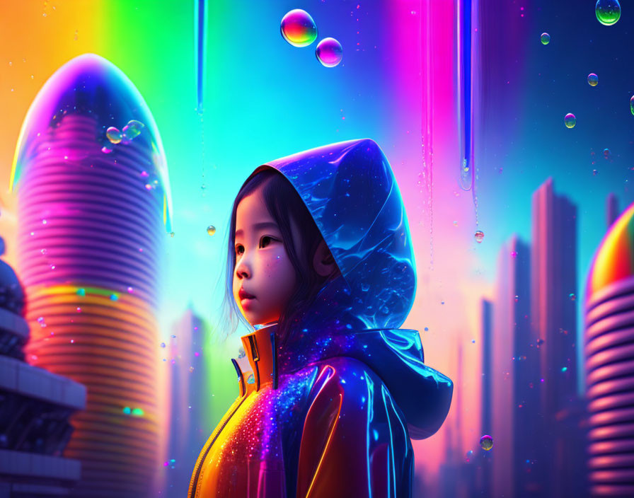 Young girl gazes at glowing bubbles in futuristic cityscape