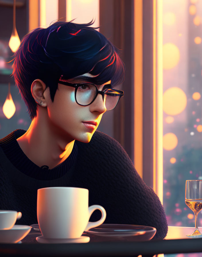 Person with Blue Hair and Glasses Contemplating City Lights at Dusk