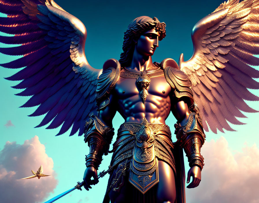 Armored winged figure with sword in cloudy sky backdrop