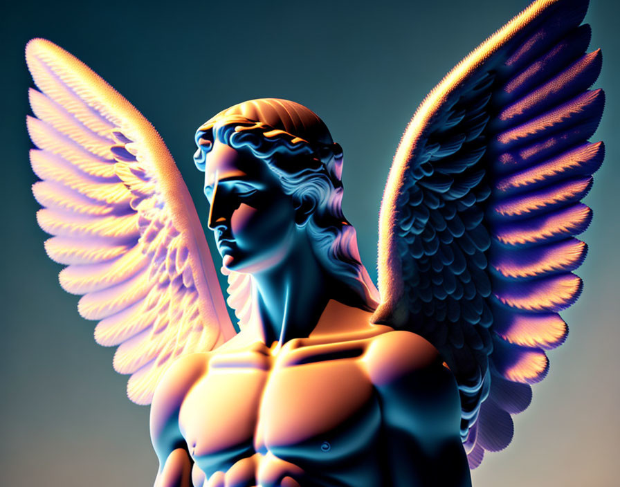 Digital Artwork: Angelic Figure with Feathered Wings on Gradient Background