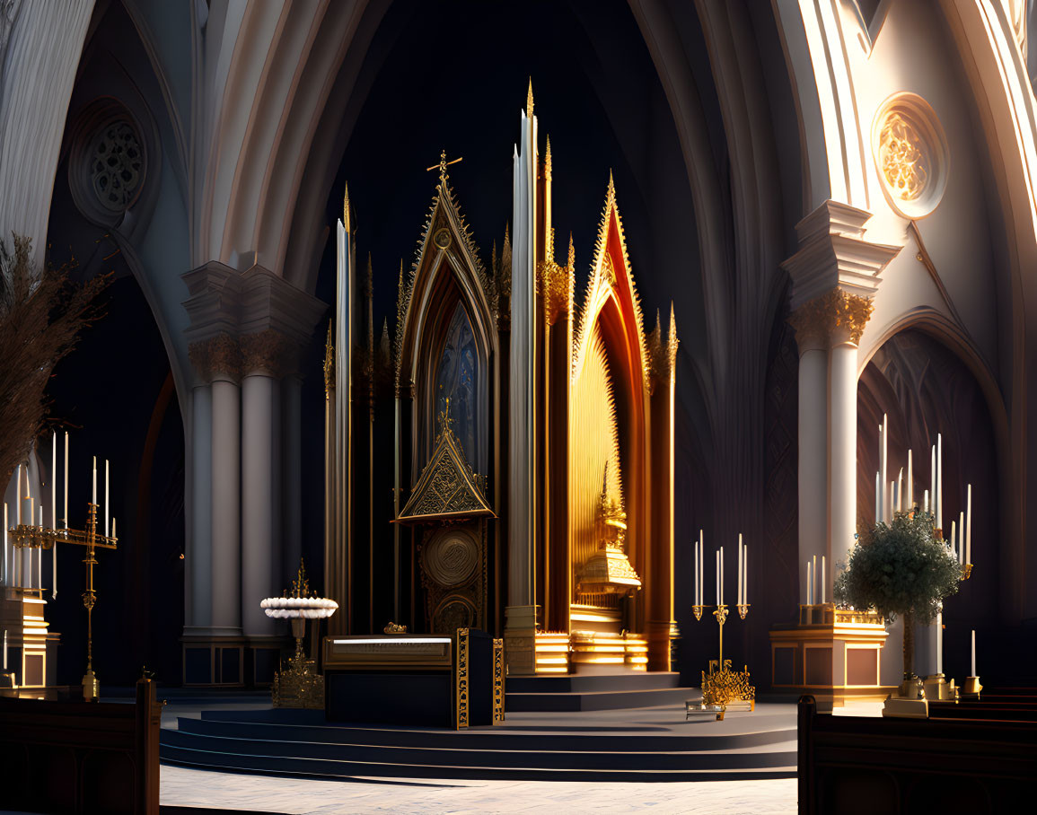 Golden Altar in Grand Cathedral with Gothic Arches and Candles