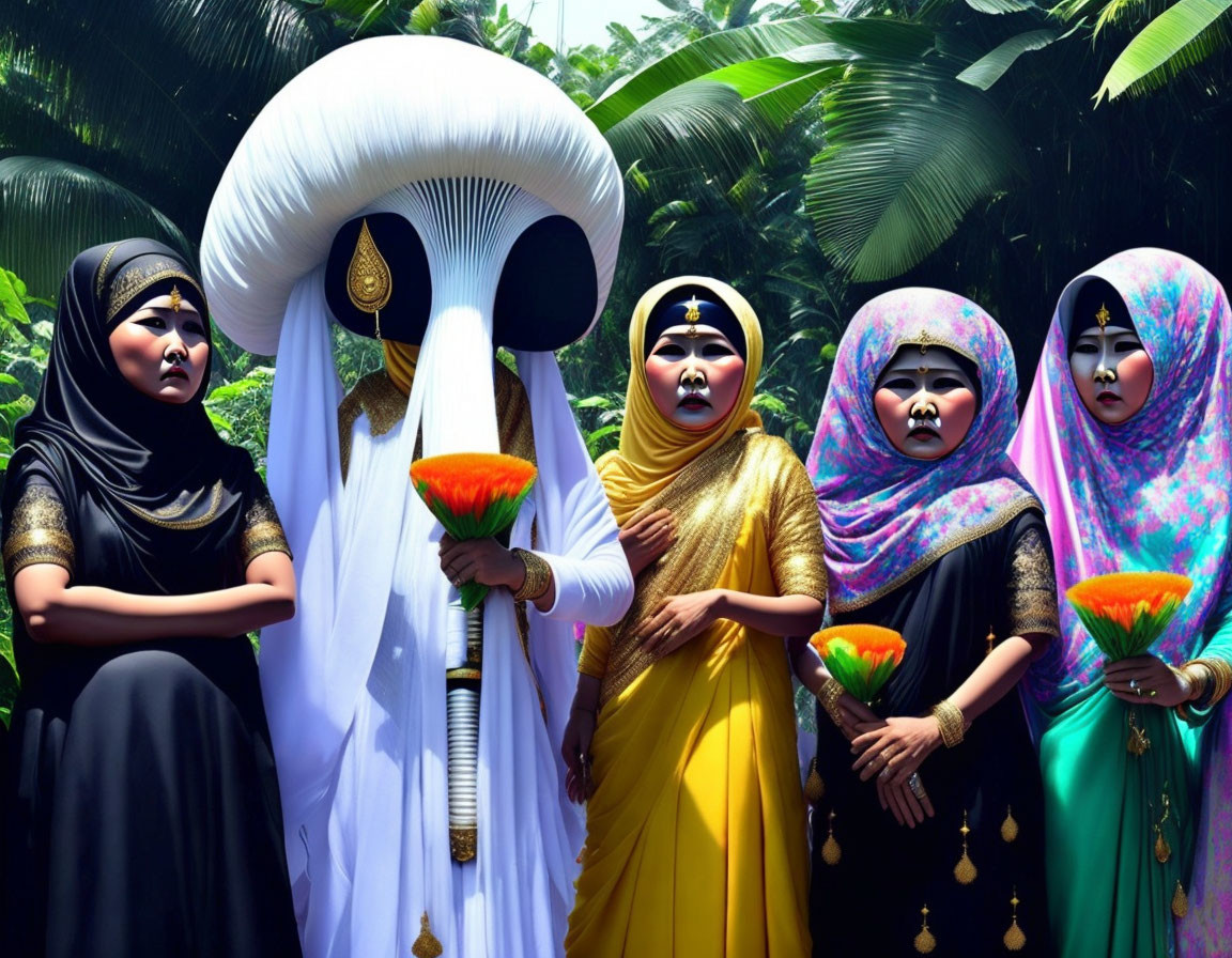 Person in white mask and costume with others in colorful attire and face paint, holding flowers in green setting