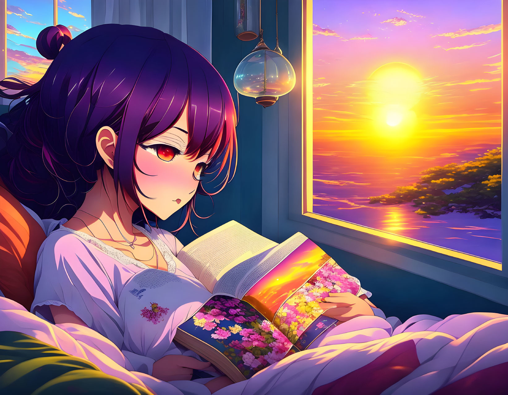 Purple-haired anime girl reading book at sunset with ocean view