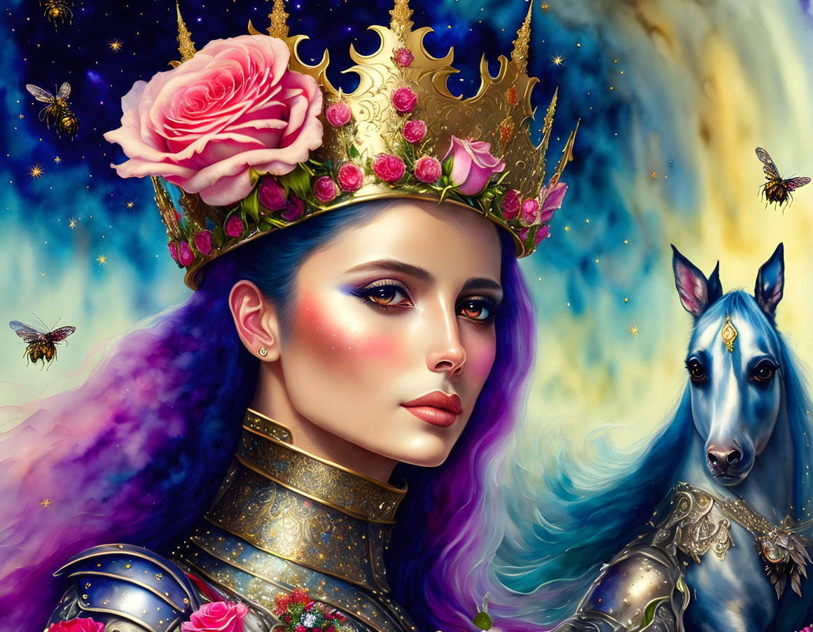 Illustrated queen with golden crown and rose, purple hair, blue mystical horse, starry sky,