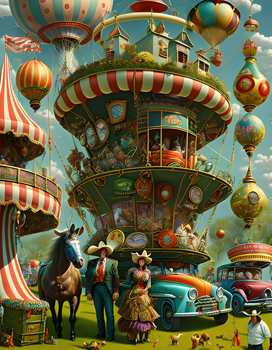 Colorful surreal artwork: carousel, hot air balloons, vintage cars, horse, and fancily dressed