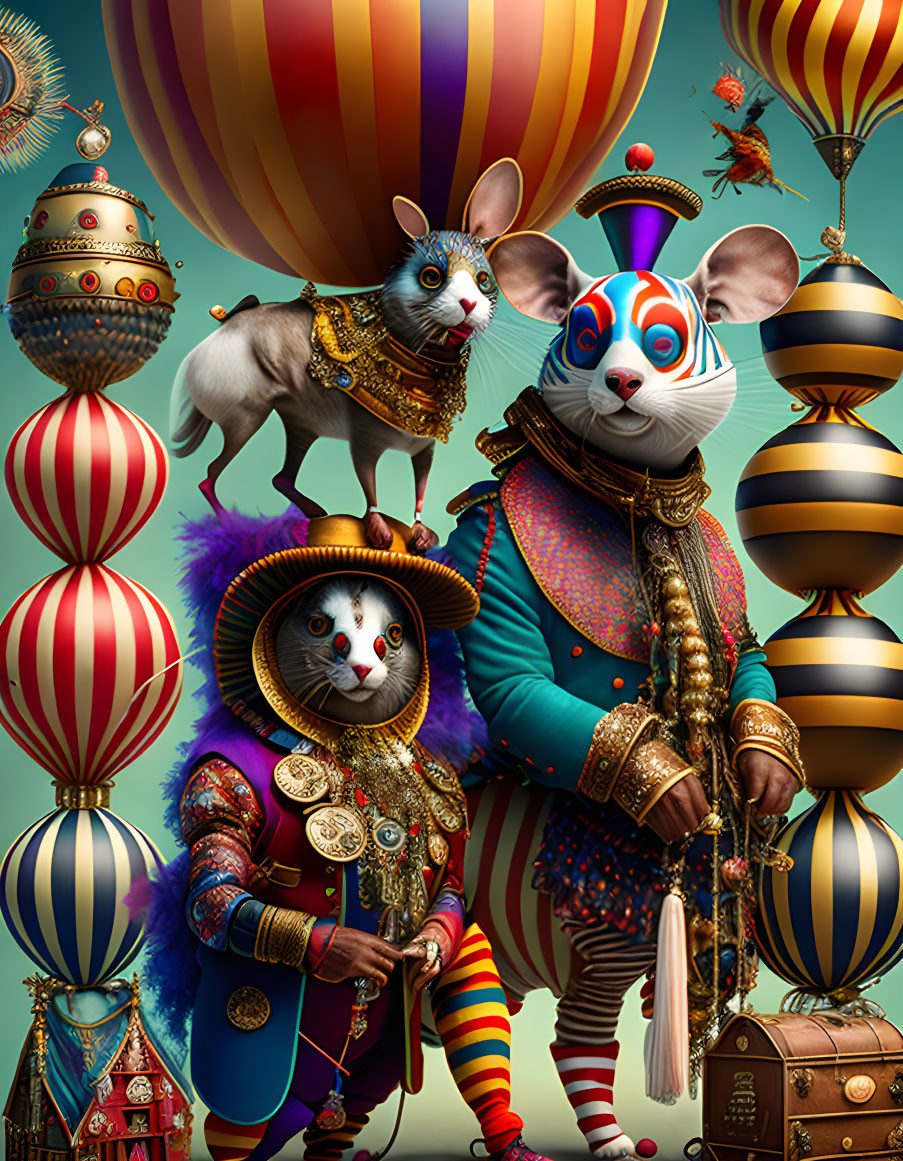 Whimsical mouse-like characters on goat with vibrant hot air balloons