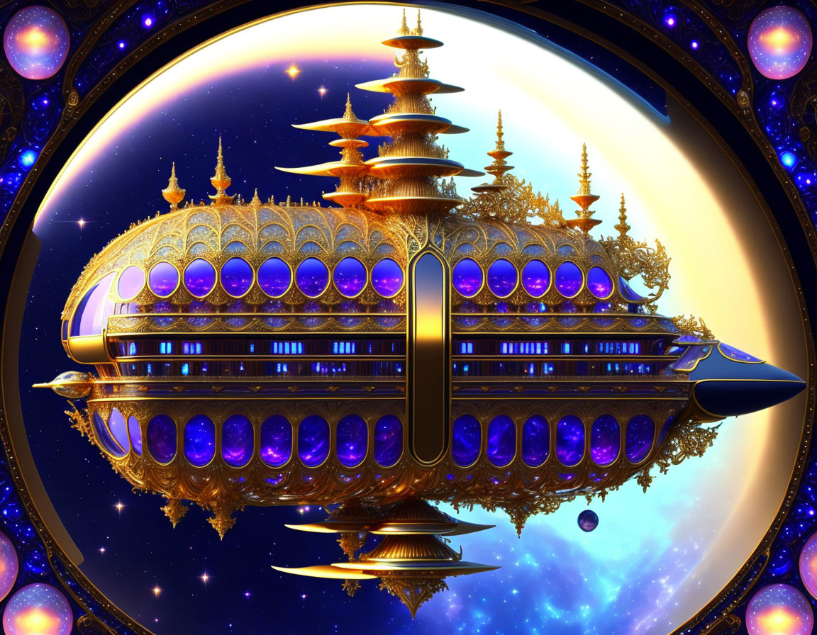 Futuristic oriental fantasy spaceship with golden and blue decoration