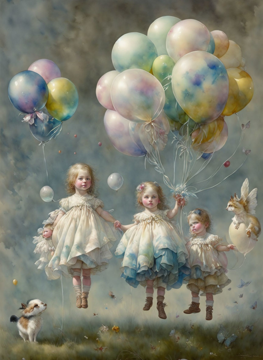 Three young girls with balloons, dog, and winged bunny in vintage dresses against whimsical backdrop