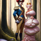 Illustration of man and woman in royal attire in enchanted forest