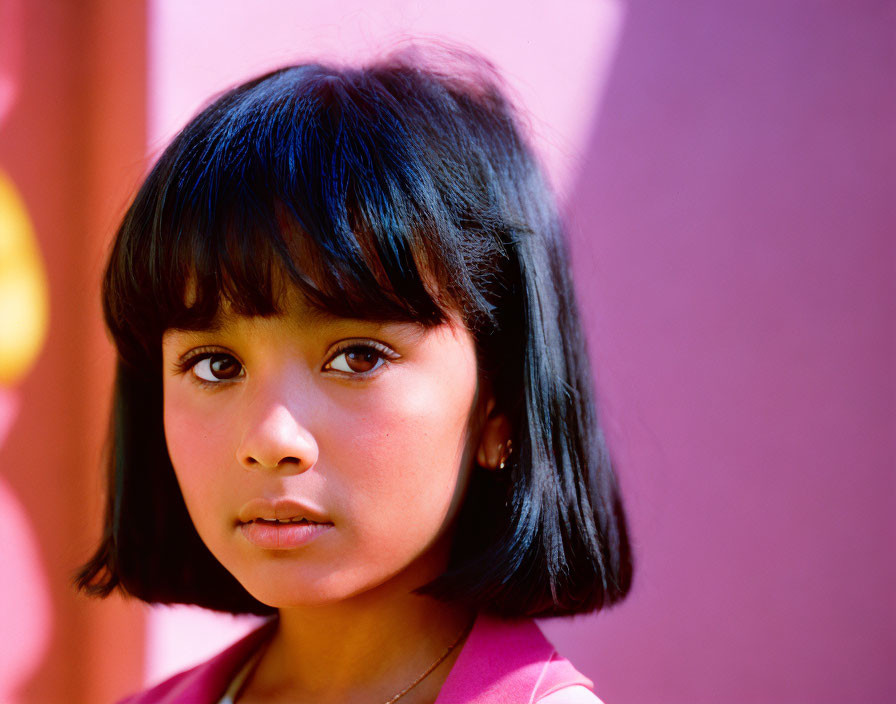 Young girl with bob-cut hair in pink top on pinkish-purple background