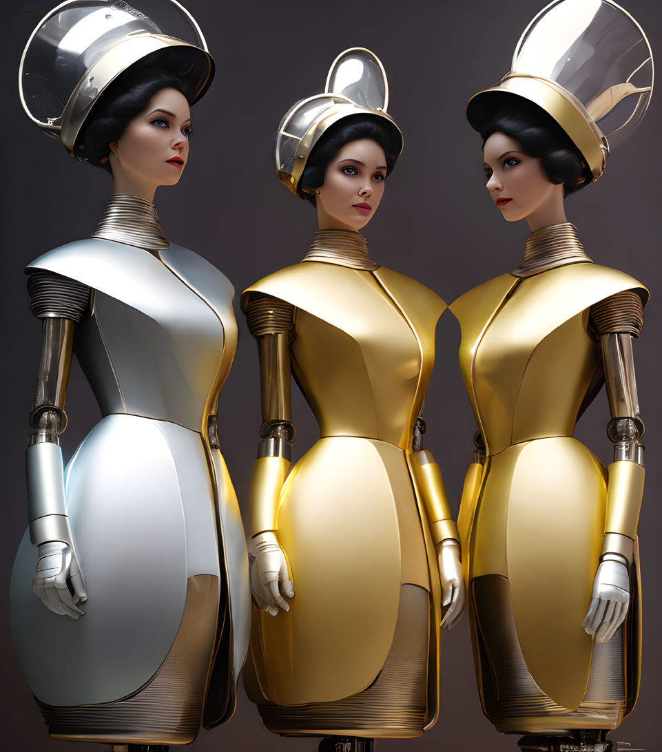 Futuristic female robots with sleek white and gold designs