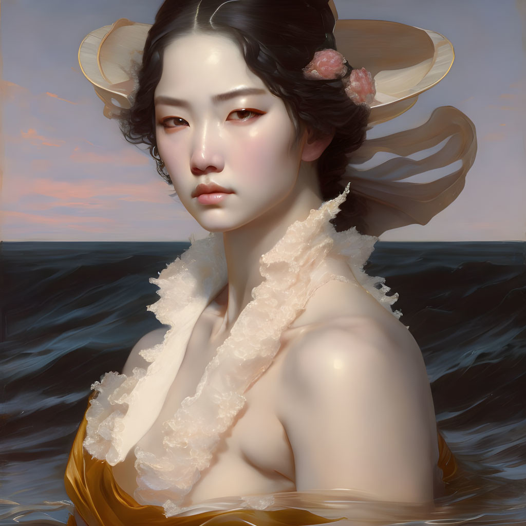 Ethereal woman portrait with ornate hair accessories and dramatic seascape