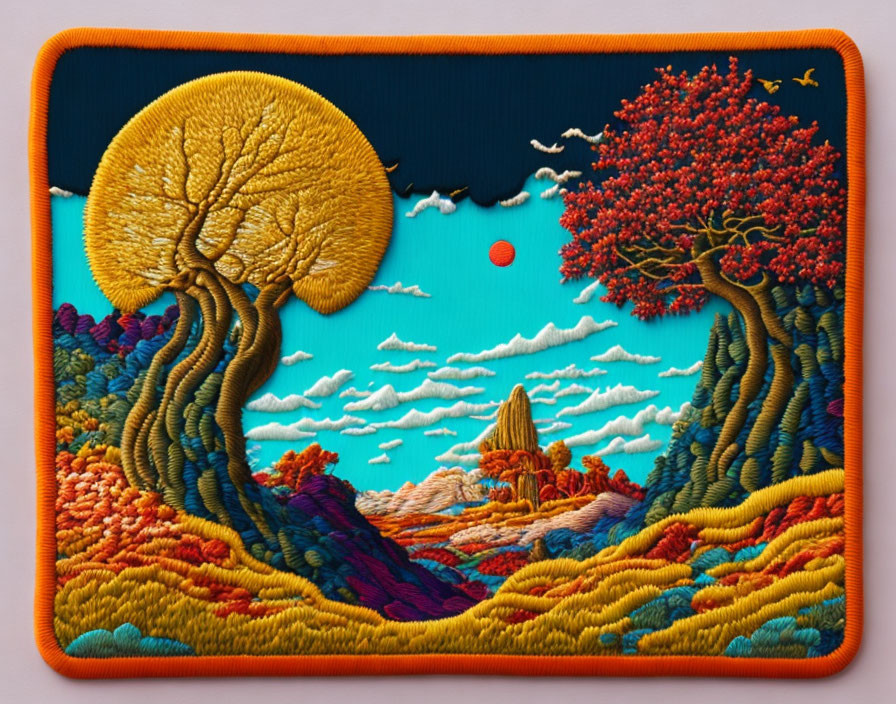 Vibrant embroidered artwork: two trees, red sun, blue sky