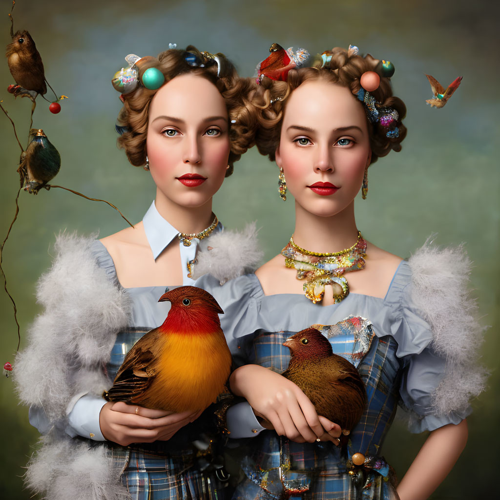 Two women with curly hair, marbles, plaid outfits, and birds around.