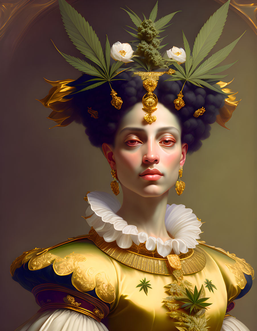 Digital Artwork: Woman with Golden Jewelry and Cannabis Leaves