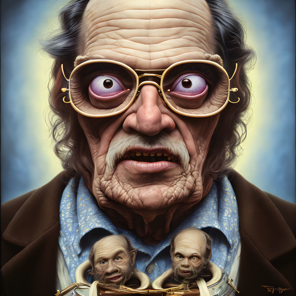 Elderly Man Caricature Portrait with Glasses and Miniature Brass Musicians