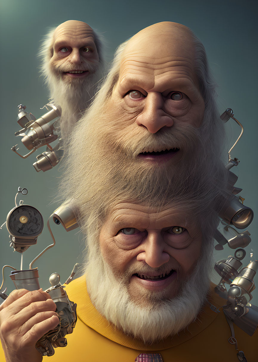 Elderly cartoon characters with white beards in whimsical setting