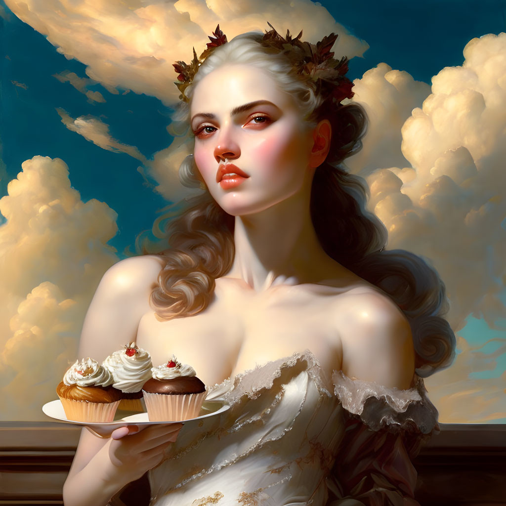 Woman with Leaf Crown Holding Cupcakes Against Golden Clouds