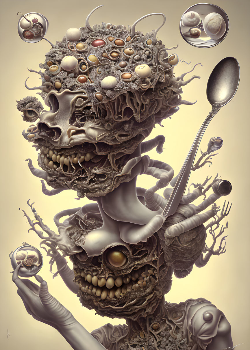 Surreal artwork: skeletal figure with layered heads, spoon, floating orbs