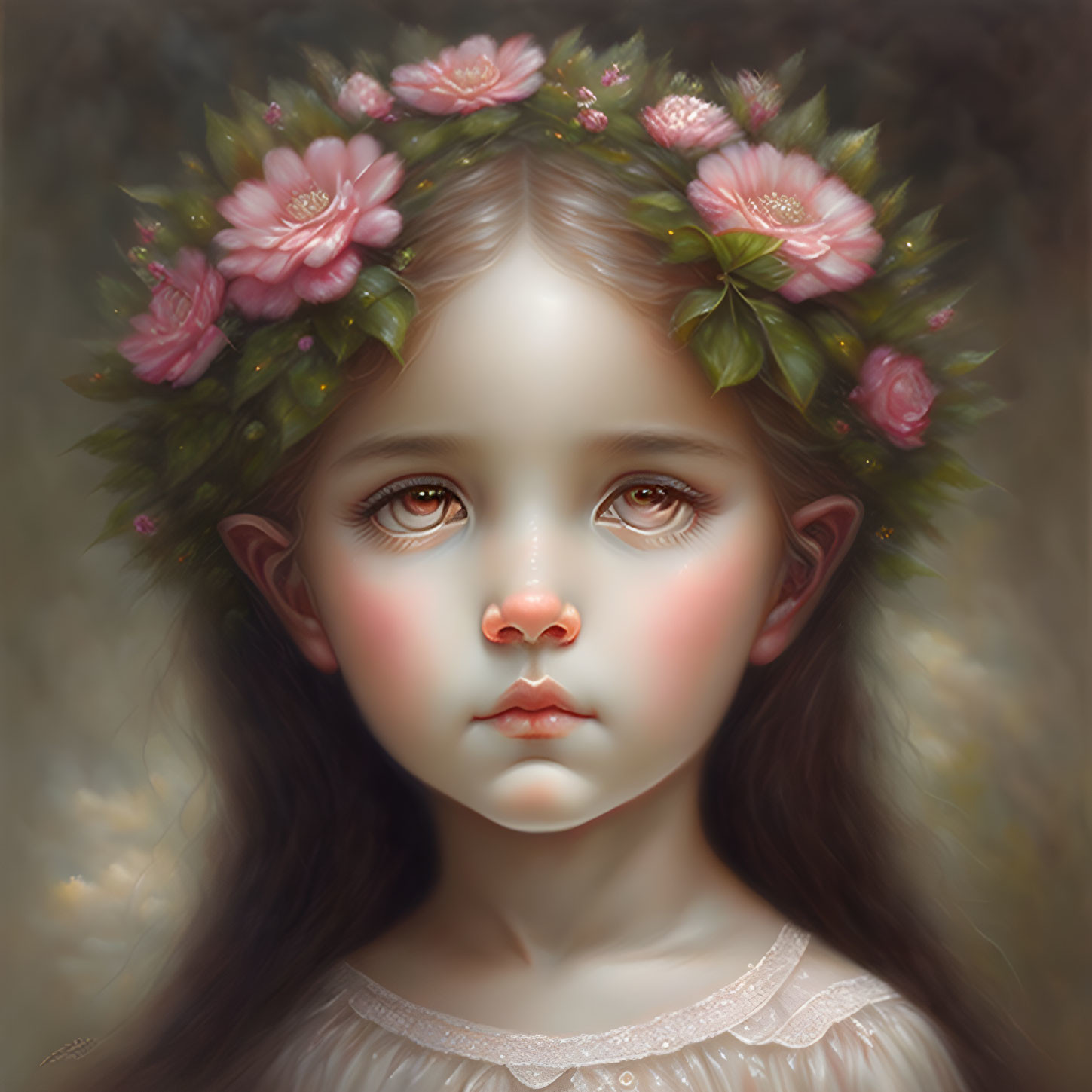 Digital painting of young girl with large eyes and floral crown, rosy cheeks, neutral expression