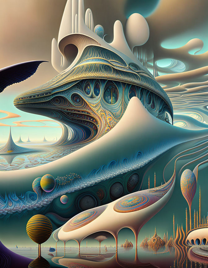 Intricate surreal landscape with organic and geometric elements