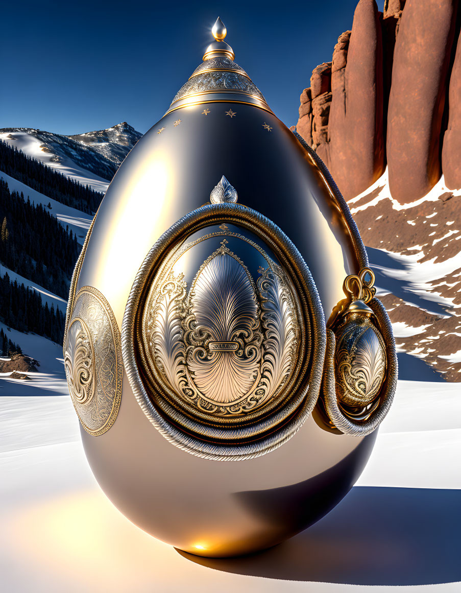 Intricate golden egg in snowy landscape with rocky formations