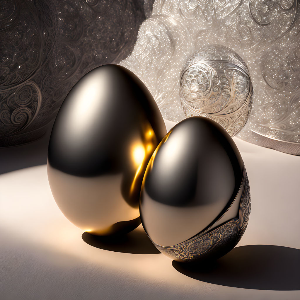 Ornate black and silver metallic eggs with intricate patterns on patterned shadow background