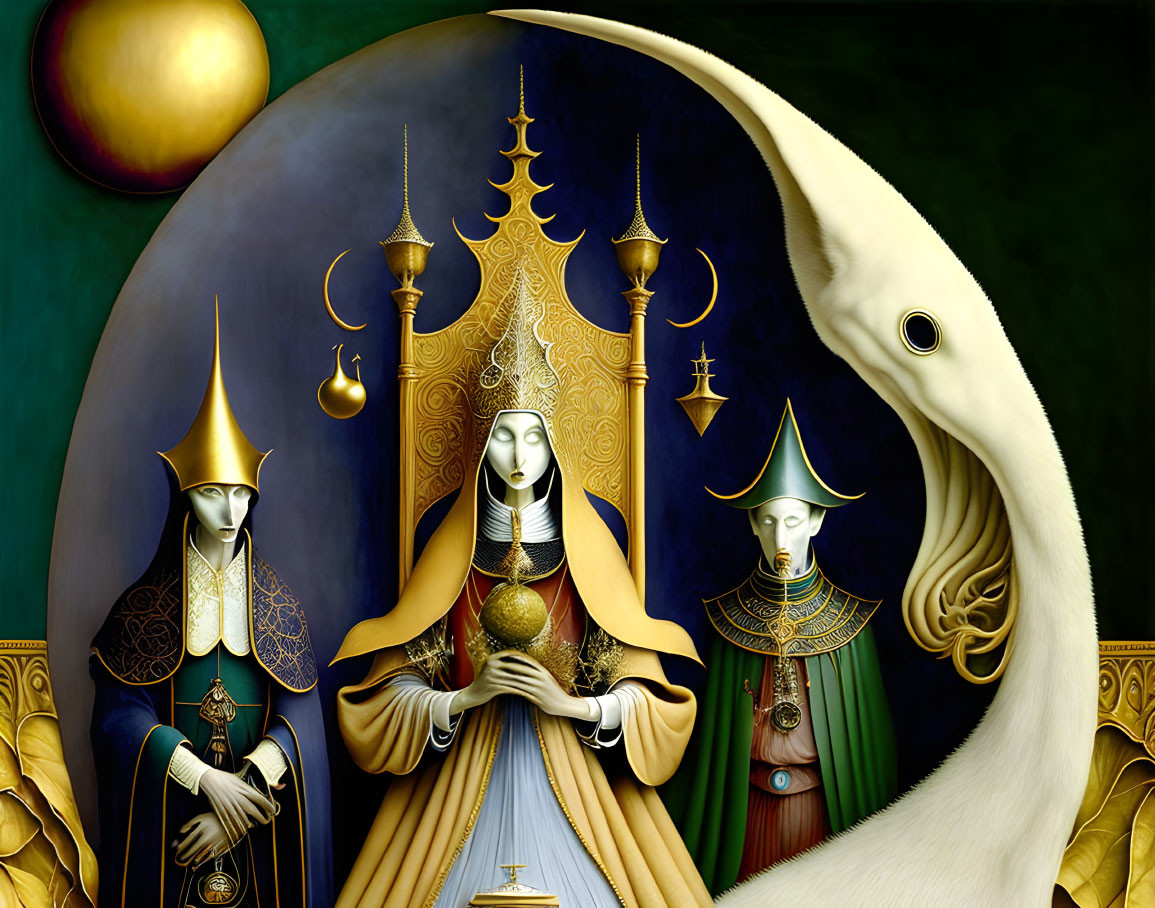 Surreal painting of regal figures and swan in celestial setting