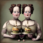 Identical surreal animated women with elaborate hairstyles holding large sandwiches